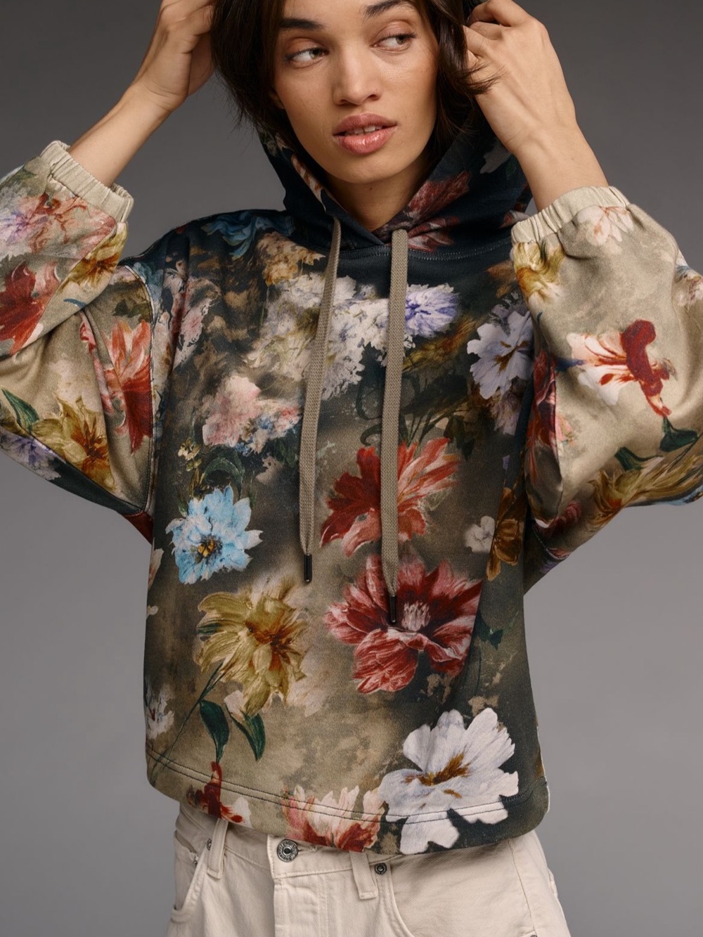 Anthropologie Pilcro Floral Cotton Printed Hooded Sweatshirt - Olive Multi